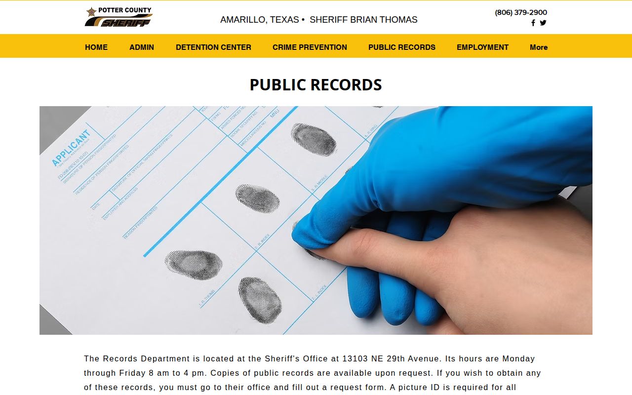 Potter County Sheriff public records access page
