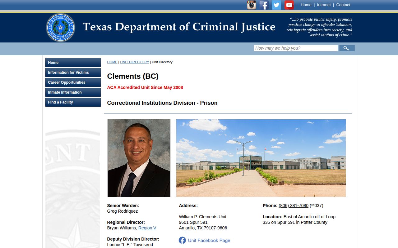 Official TDCJ profile for William P. Clements Unit showing its regional release site role