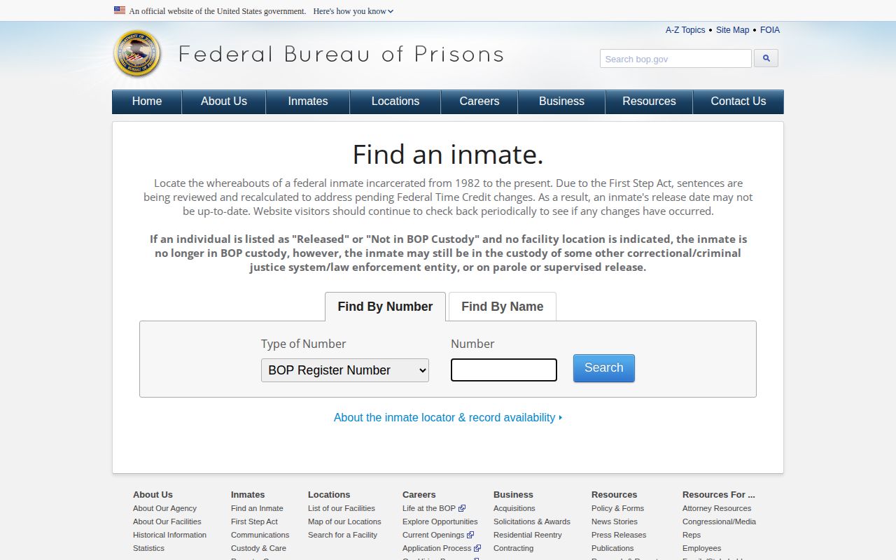 Federal Bureau of Prisons inmate locator form