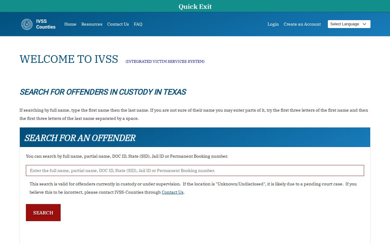 Potter County VINE inmate check on Texas IVSS Counties