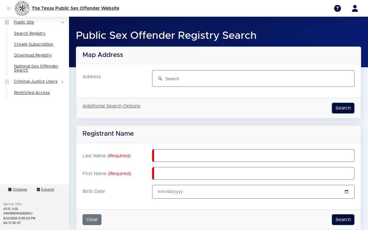 Texas DPS sex offender registry search form