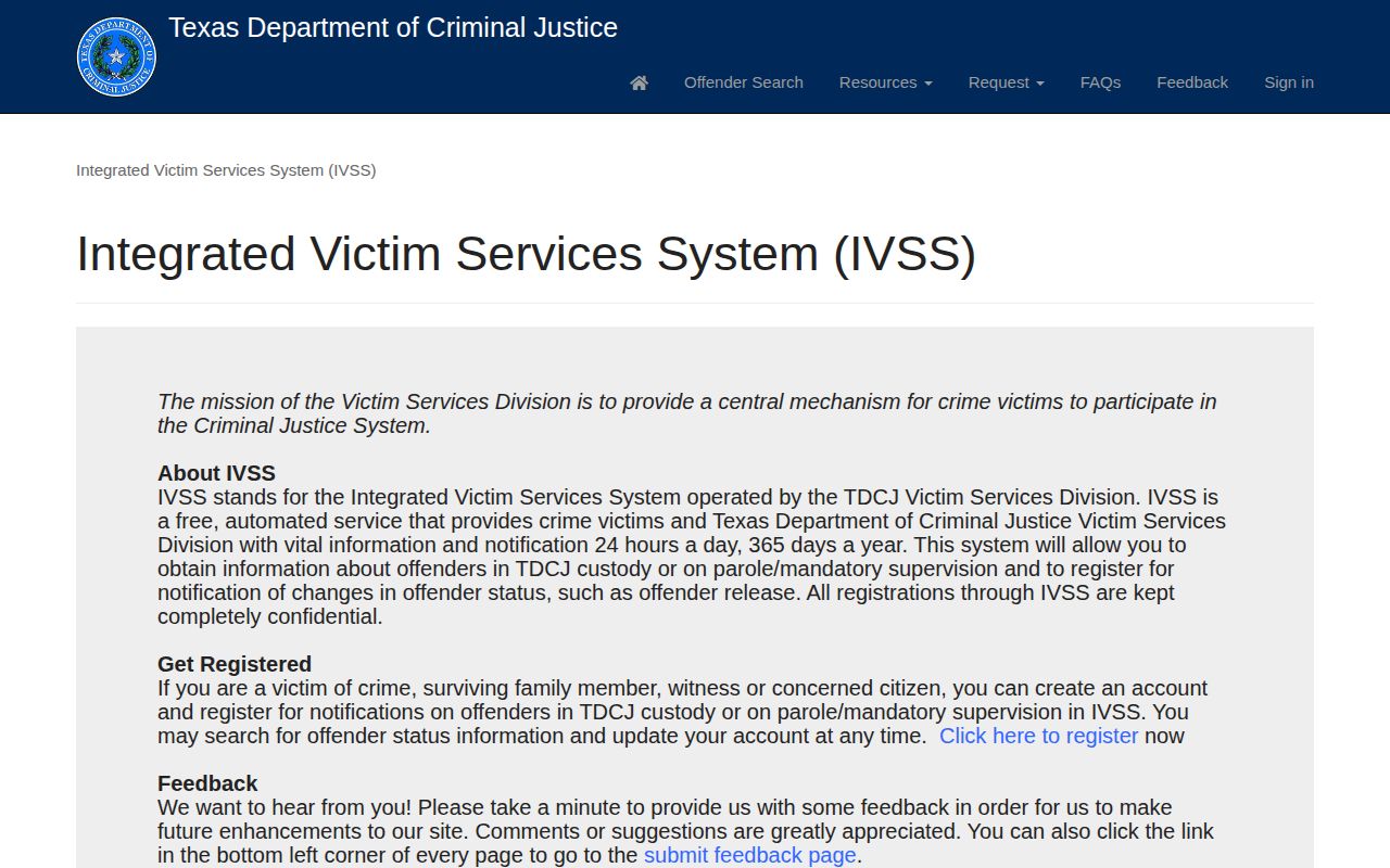 Texas TDCJ IVSS notification landing page